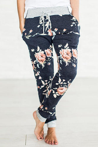 Alaue Floral Printing Drawstring Casual Pants