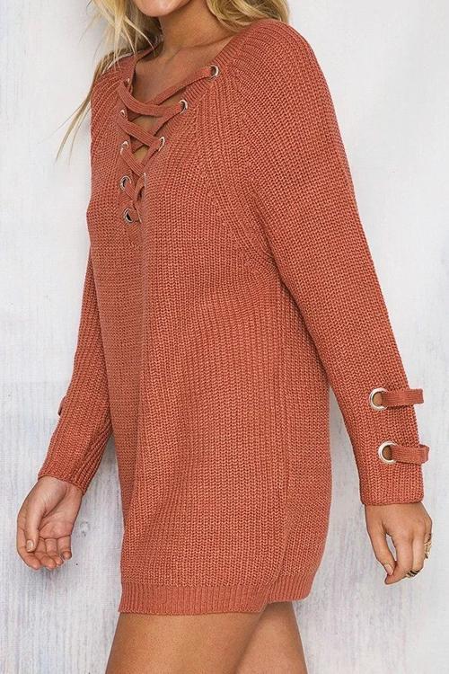 Alaue Pick Lace-up Long Sleeves Sweater