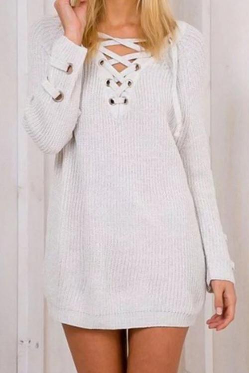 Alaue Pick Lace-up Long Sleeves Sweater