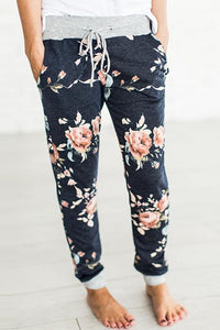 Alaue Floral Printing Drawstring Casual Pants