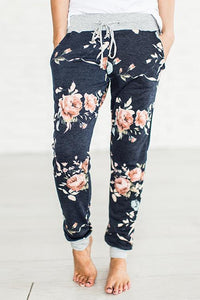 Alaue Floral Printing Drawstring Casual Pants