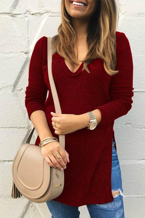 Alaue V Neck Side Split Casual Sweater