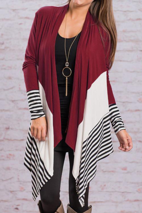 Alaue Striped Patchwork Asymmetrica Casual Cardigan