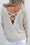 Alaue Loose Fit V Neck Criss Cross Back Crochet Sweater Pullovers