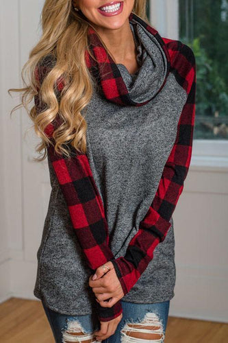 Alaue Sincerely Yours Plaid Detailed Cowl Neck Top