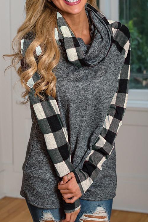 Alaue Sincerely Yours Plaid Detailed Cowl Neck Top