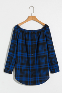 Alaue Plaid Me Button Off The Shoulder Blouse