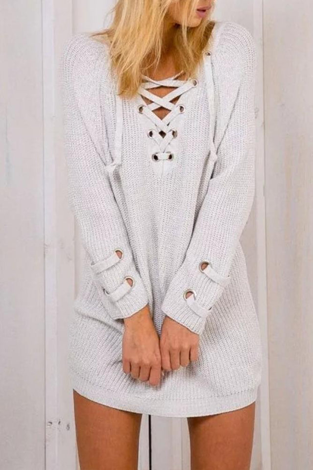 Alaue Pick Lace-up Long Sleeves Sweater