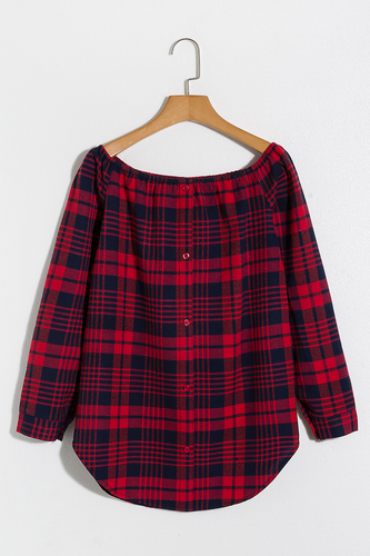 Alaue Plaid Me Button Off The Shoulder Blouse