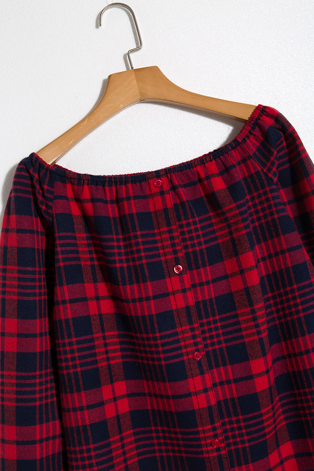 Alaue Plaid Me Button Off The Shoulder Blouse