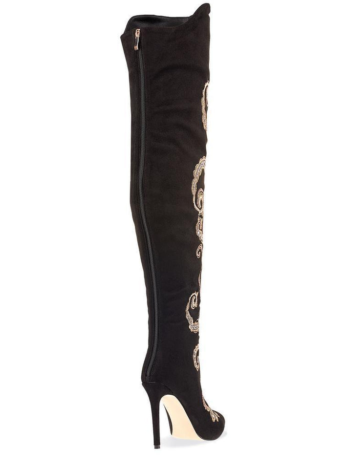 Black Faux Suede Embroidered Over The Knee Boots