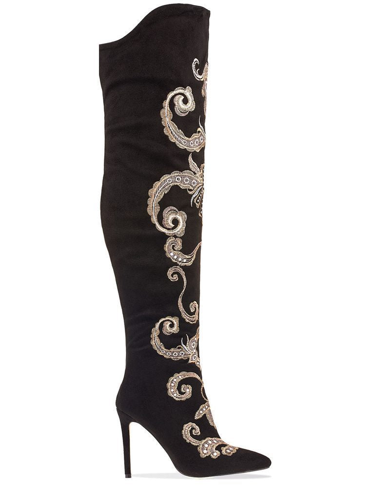 Black Faux Suede Embroidered Over The Knee Boots