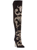 Black Faux Suede Embroidered Over The Knee Boots