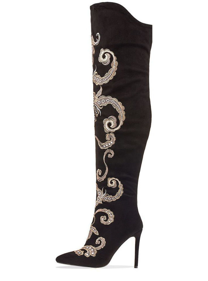 Black Faux Suede Embroidered Over The Knee Boots