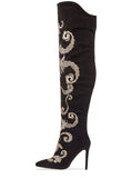 Black Faux Suede Embroidered Over The Knee Boots