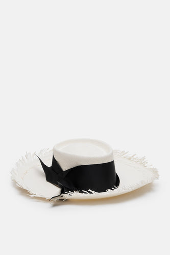 Dumont Long Brim Hat with Frayed Brim - White/Black