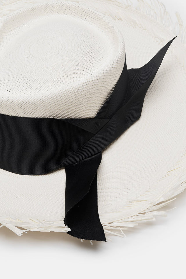 Dumont Long Brim Hat with Frayed Brim - White/Black