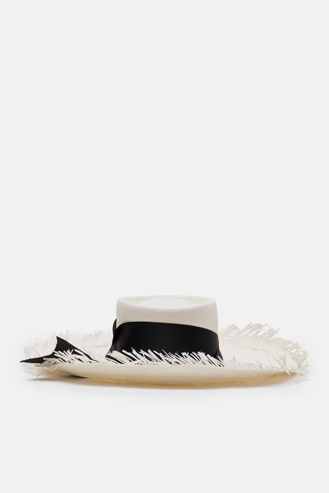 Dumont Long Brim Hat with Frayed Brim - White/Black