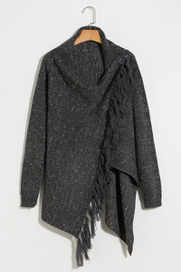 Alaue Speckled Fringe Soft Tassel Dark Grey Cardigan