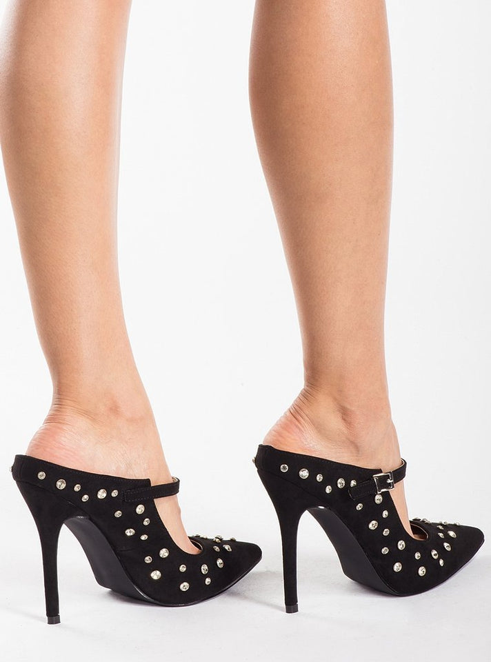 Black Suede Embellished Stiletto Heels